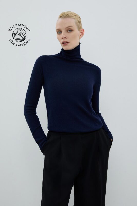 Yün Karışımlı Triko Kazak Lacivert - 1