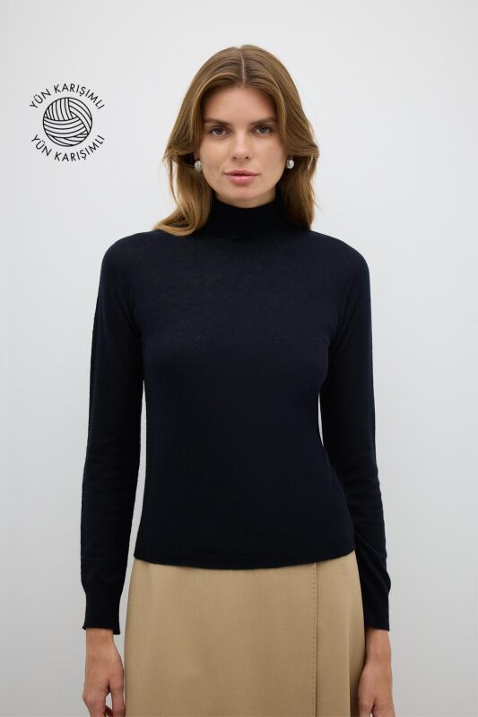 Yün Karışımlı Triko Kazak Siyah 