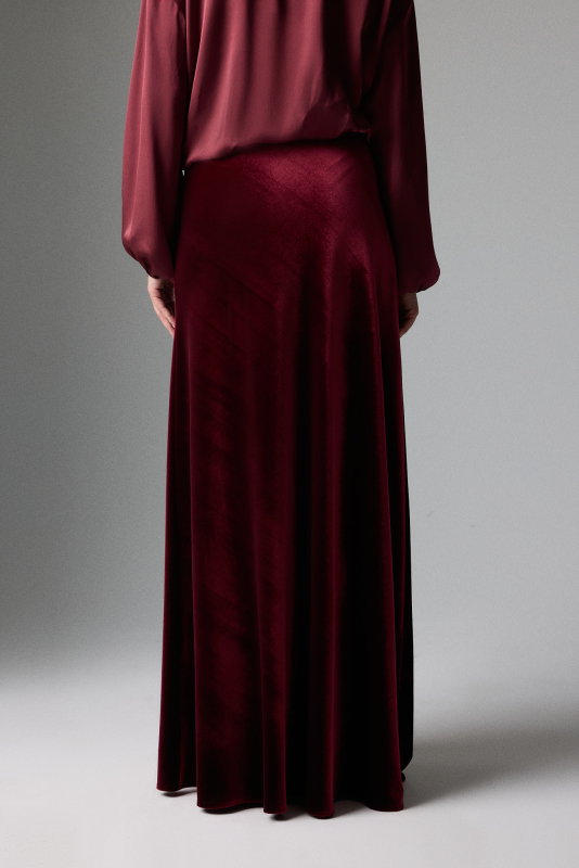 Kadife Beli Lastikli Maksi Boy Etek Bordo - Roman (1)