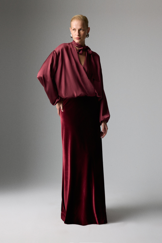 Kadife Beli Lastikli Maksi Boy Etek Bordo - Roman