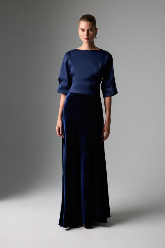 Kadife Beli Lastikli Maksi Boy Etek Lacivert 