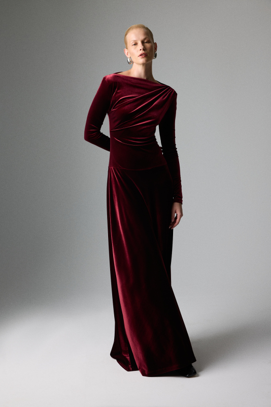 Kadife Drape Detaylı Uzun Kol Maksi Elbise Bordo - 2