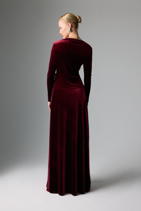 Kadife Drape Detaylı Uzun Kol Maksi Elbise Bordo - 1