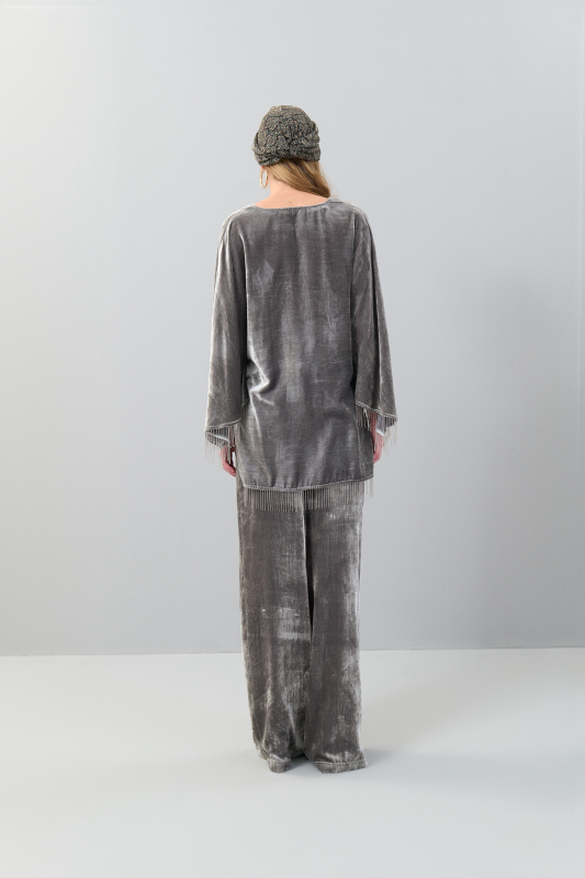 Kadife V Yaka Kaftan Gri - Roman (1)