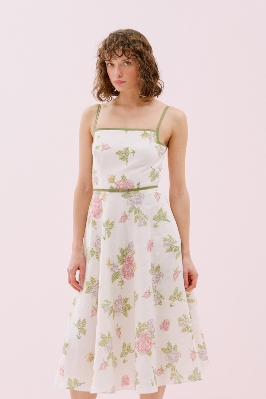 Kanaviçe Desenli İnce Askılı Midi Boy Keten Elbise Standart Renk - 3