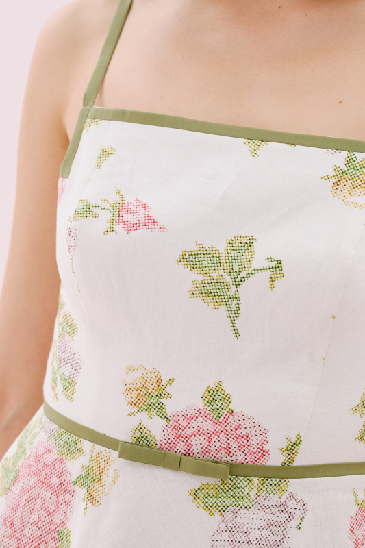 Kanaviçe Desenli İnce Askılı Midi Boy Keten Elbise Standart Renk - 4