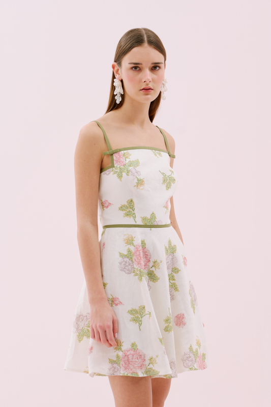 Kanaviçe Desenli İnce Askılı Mini Elbise Standart Renk - 3