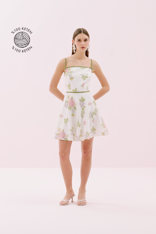 Kanaviçe Desenli İnce Askılı Mini Elbise Standart Renk - 1