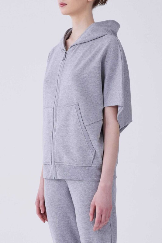 Kapüşonlu Kısa Kollu Kadın Sweatshirt Gri - 3