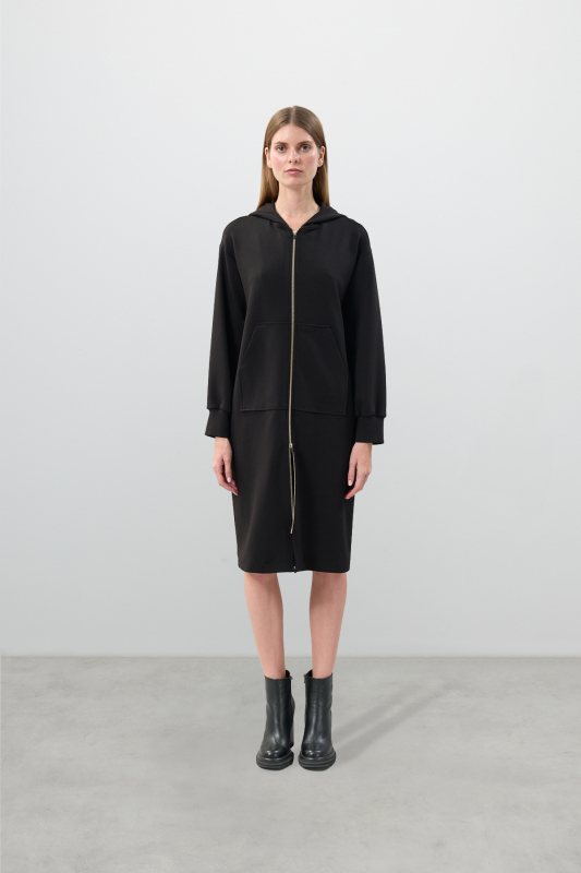 Kapüşonlu Midi Boy Örme Elbise Siyah - 3