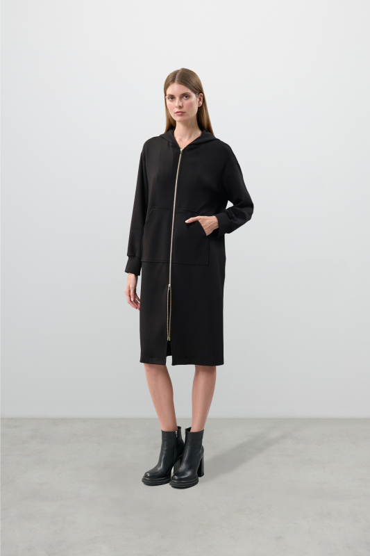 Kapüşonlu Midi Boy Örme Elbise Siyah - Roman