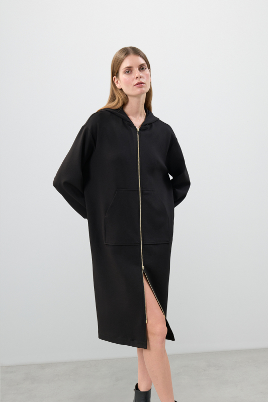 Kapüşonlu Midi Boy Örme Elbise Siyah - 4