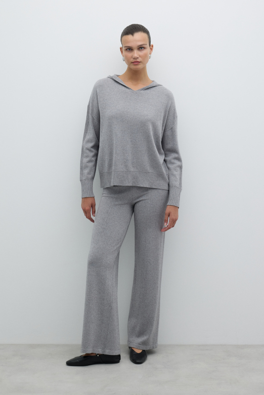 Kapüşonlu Triko Açık Gri - 5