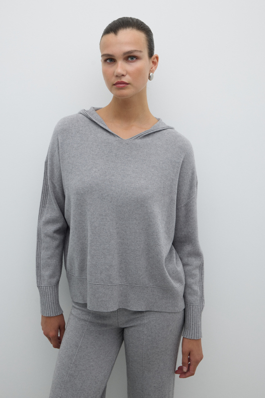 Kapüşonlu Triko Açık Gri - 1