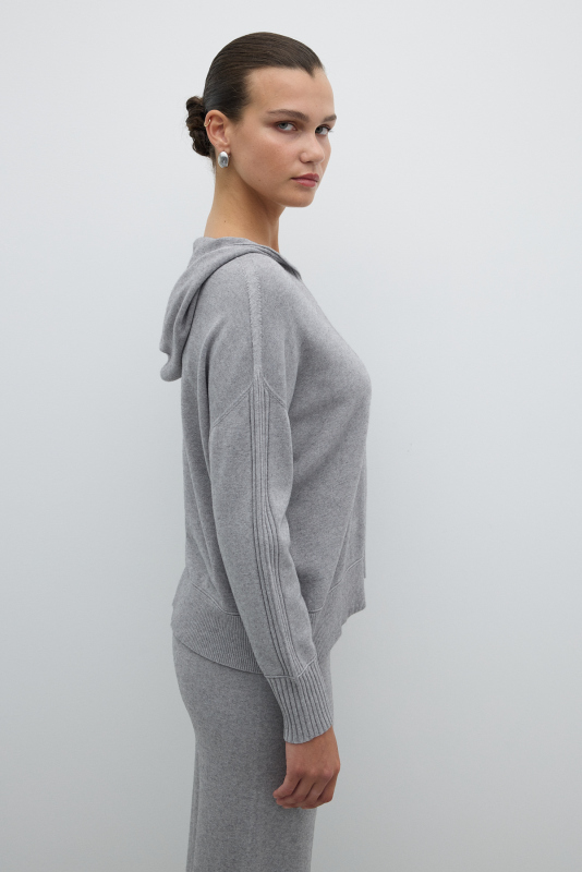 Kapüşonlu Triko Açık Gri - 3