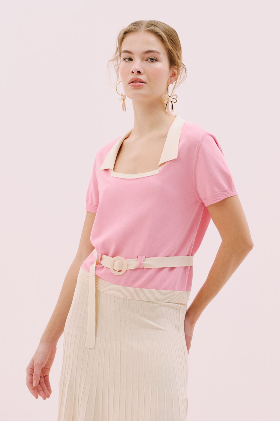 Kare Yaka Beli Kemerli Triko Bluz Pembe- Ekru - 1
