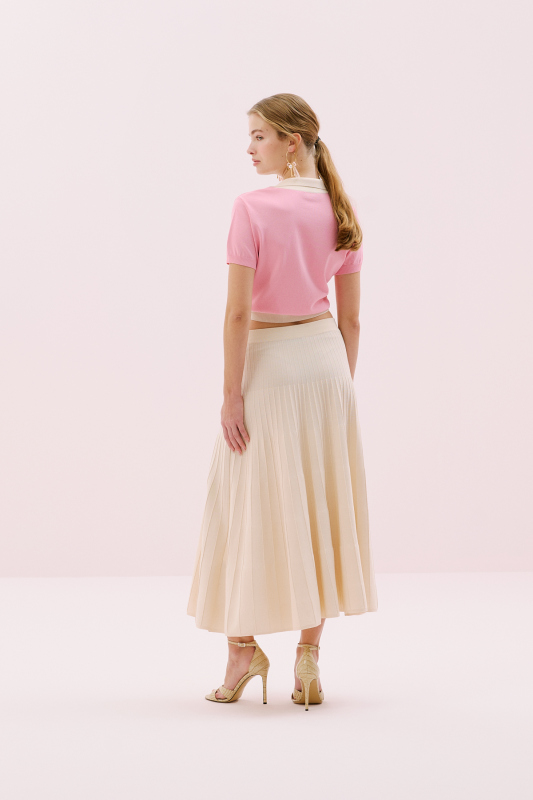 Kare Yaka Beli Kemerli Triko Bluz Pembe- Ekru - Roman (1)