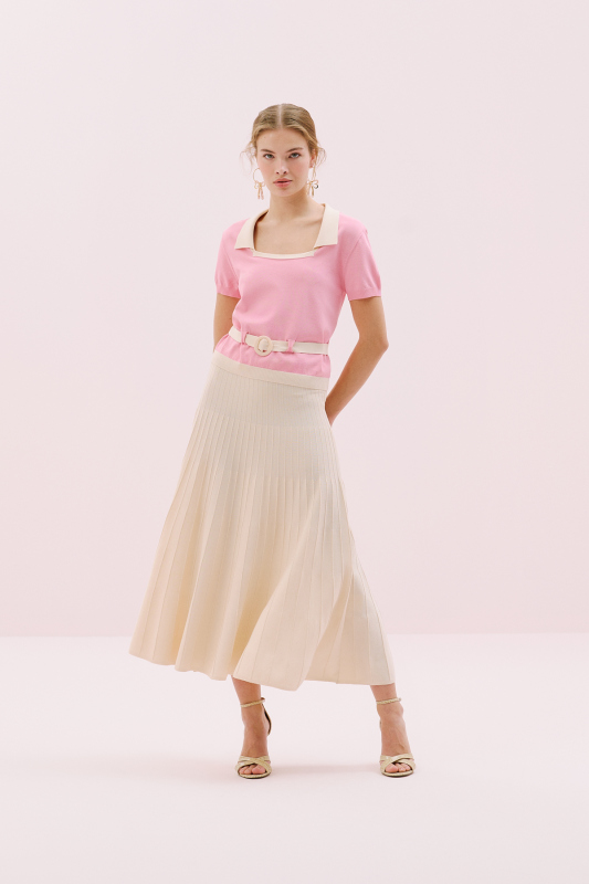 Kare Yaka Beli Kemerli Triko Bluz Pembe- Ekru - 4