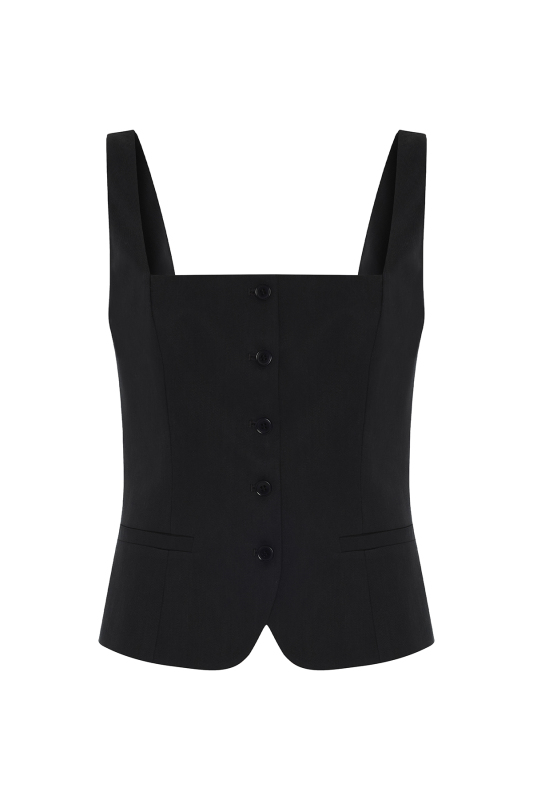 Kare Yaka Önden Düğmeli Fit Yelek Lacivert - 5