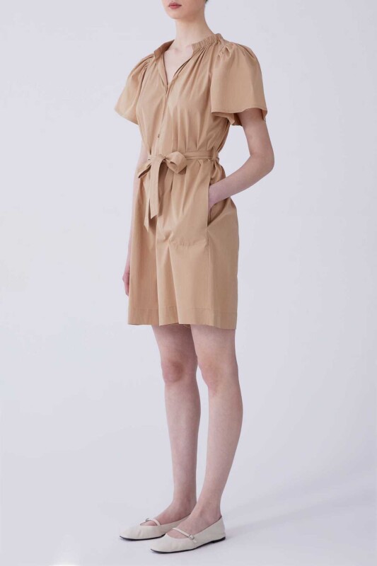 Karpuz Kol Kuşaklı Coral Kısa Kadın Tulum Bej - 3