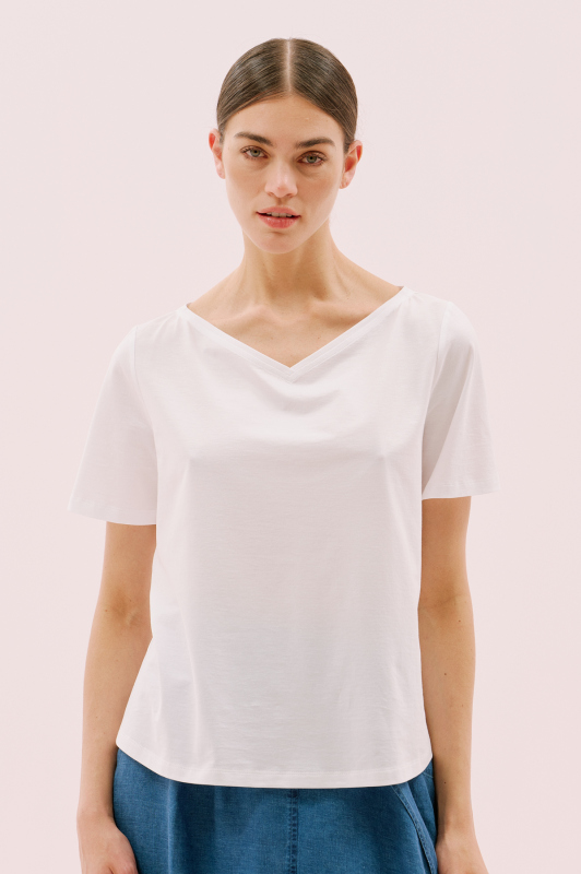 Kayık V Yaka Kısa Kol T-Shirt Beyaz - 3