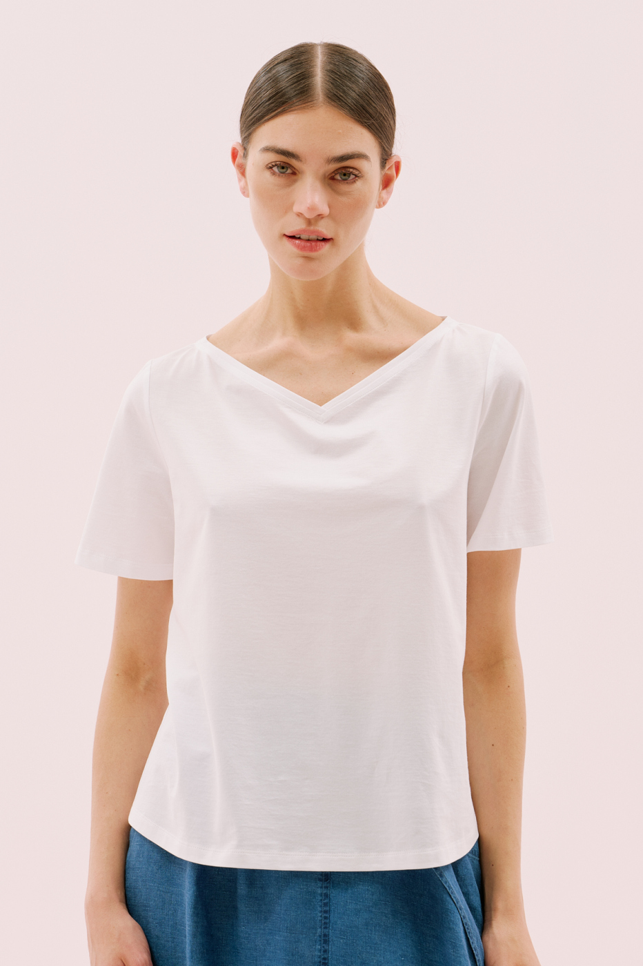 Kayık V Yaka Kısa Kol T-Shirt Beyaz - 3