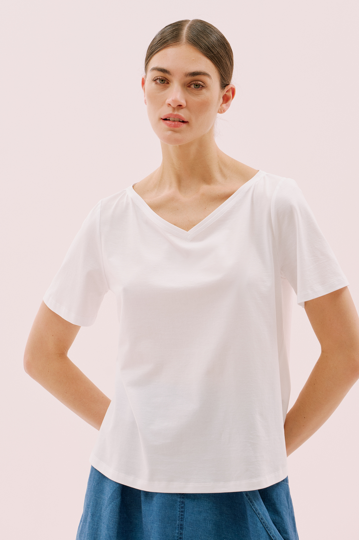 Kayık V Yaka Kısa Kol T-Shirt Beyaz