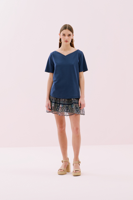 Kayık V Yaka Kısa Kol T-Shirt Lacivert - 3