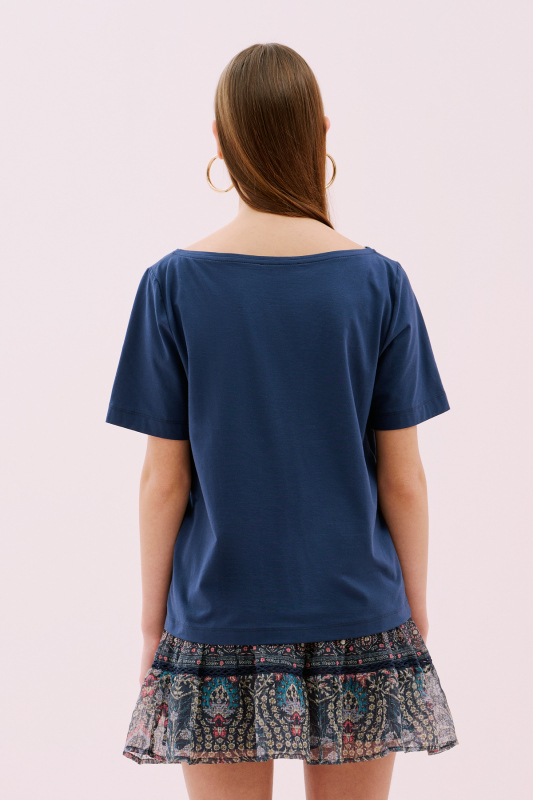 Kayık V Yaka Kısa Kol T-Shirt Lacivert - 2