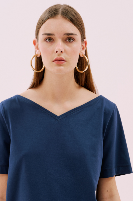 Kayık V Yaka Kısa Kol T-Shirt Lacivert - 4