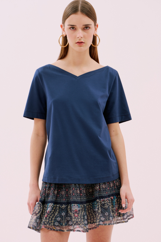 Kayık V Yaka Kısa Kol T-Shirt Lacivert - 1