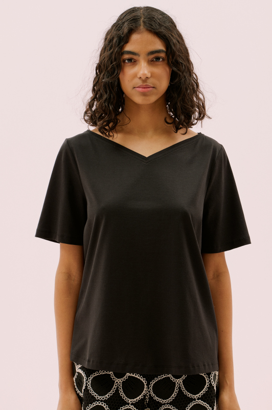 Kayık V Yaka Kısa Kol T-Shirt Siyah - 3