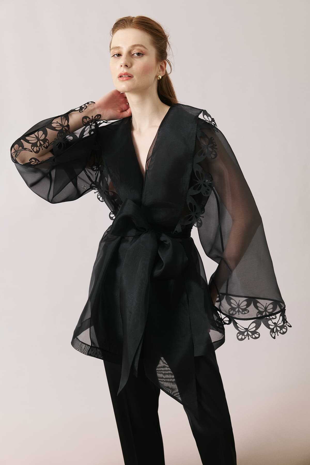 Kelebek Detaylı Organze Kimono Siyah