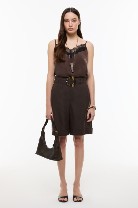 Kemer Detaylı Double Paça Şort Kahve - 1