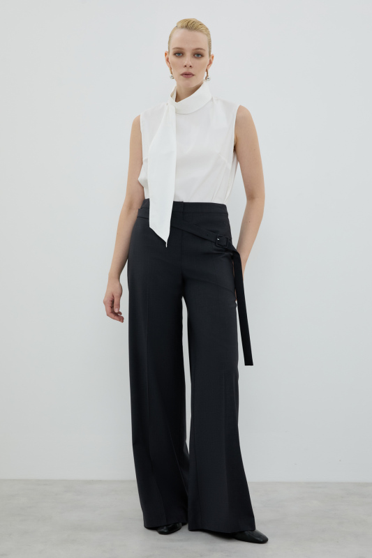 Kemer Detaylı Geniş Paça Pantolon Koyu Gri - 1