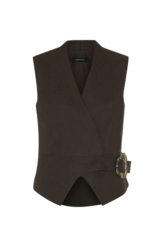 Kemer Detaylı Kruvaze Keten Yelek Kahve - 6