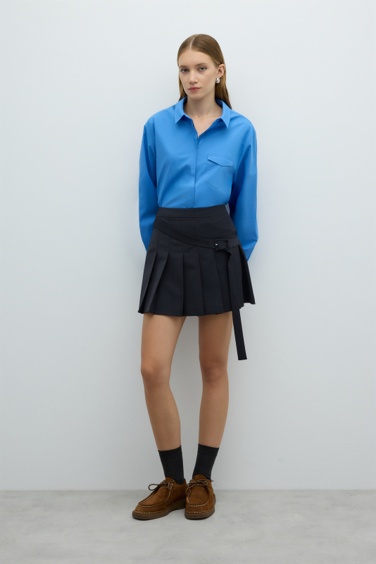 Kemer Detaylı Pileli Mini Etek Koyu Gri - 1