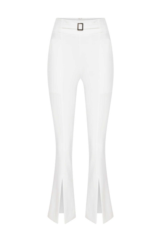  Kemer Detaylı Yırtmaç Paçalı Kadın Pantolon Ekru - 4