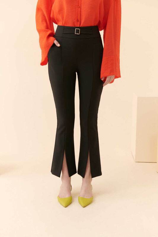  Kemer Detaylı Yırtmaç Paçalı Kadın Pantolon Siyah - 3