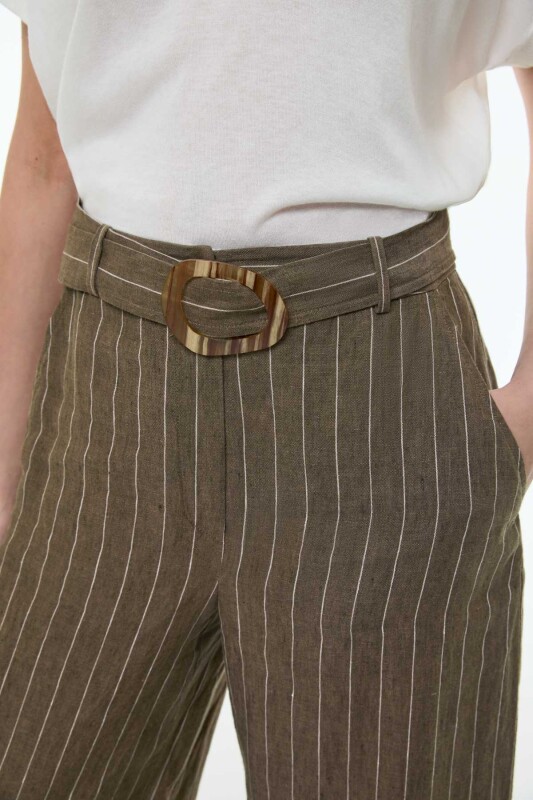Kemerli Çizgili Keten Pantolon Haki - 3