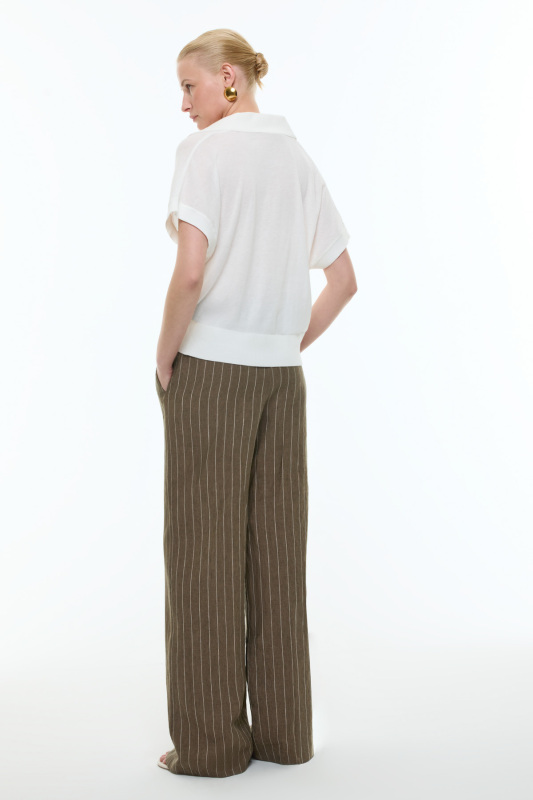 Kemerli Çizgili Keten Pantolon Haki - Roman (1)