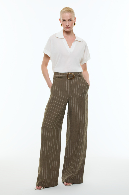 Kemerli Çizgili Keten Pantolon Haki - Roman