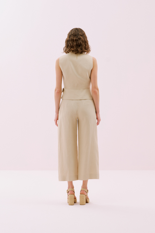 Kemerli Kruvaze Keten Yelek Bej - 2