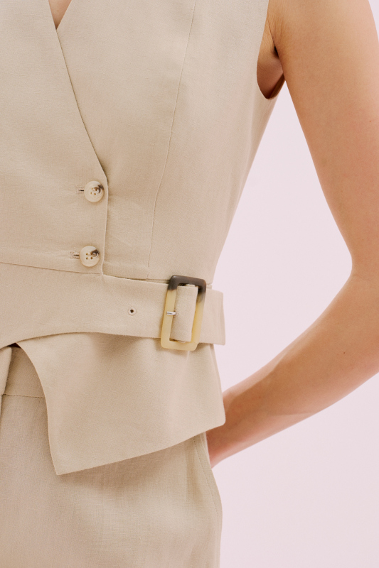 Kemerli Kruvaze Keten Yelek Bej - 3