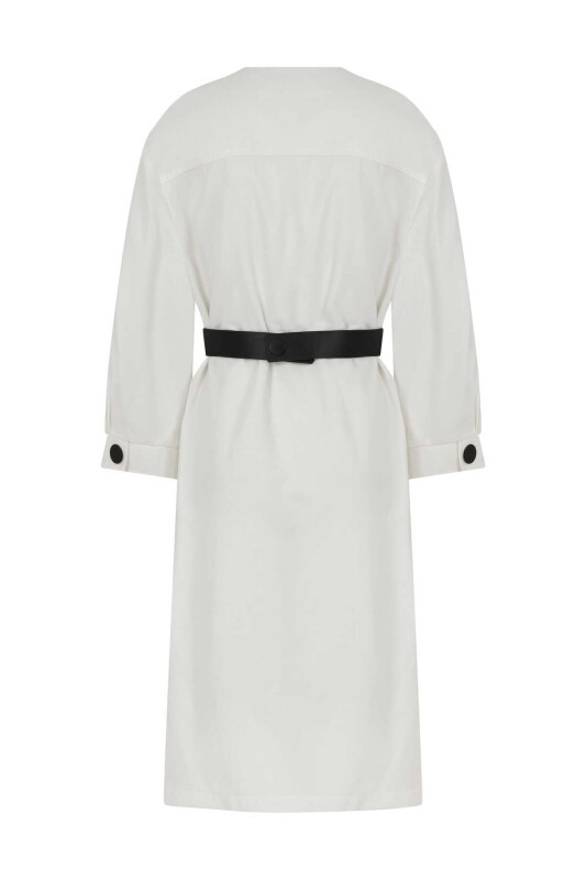 Kemerli Uzun Kadın Trençkot Beyaz - 5