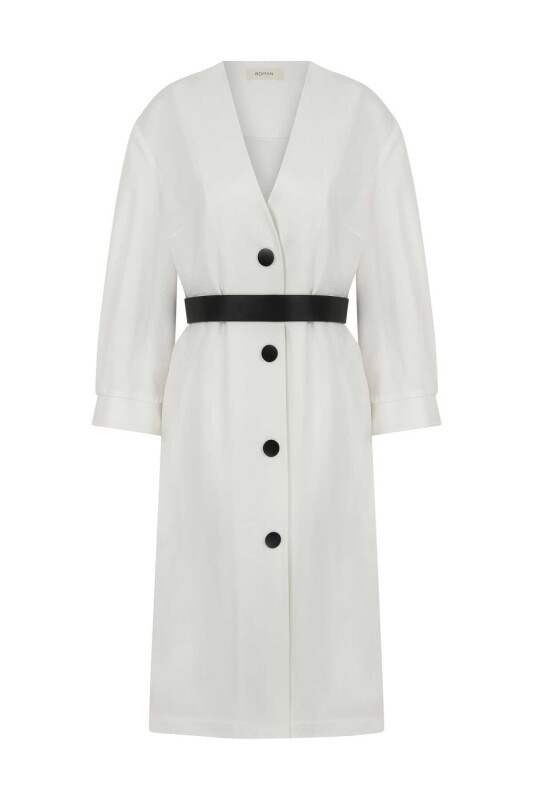 Kemerli Uzun Kadın Trençkot Beyaz - 4
