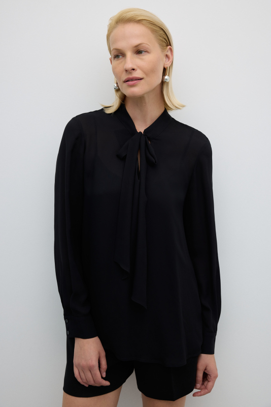 Kendinden Fularlı Önü Fırfırlı Gömlek Siyah - 1