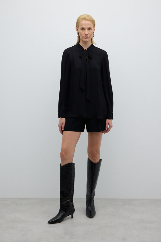 Kendinden Fularlı Önü Fırfırlı Gömlek Siyah - 5