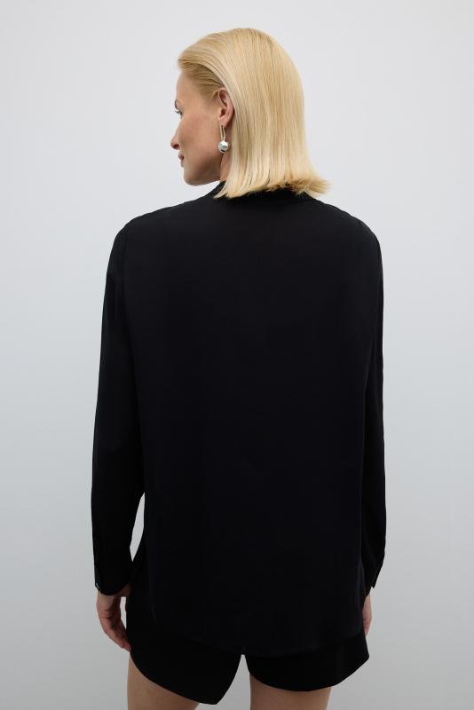 Kendinden Fularlı Önü Fırfırlı Gömlek Siyah - 2