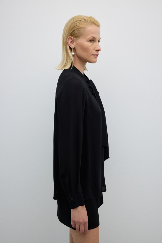 Kendinden Fularlı Önü Fırfırlı Gömlek Siyah - 3